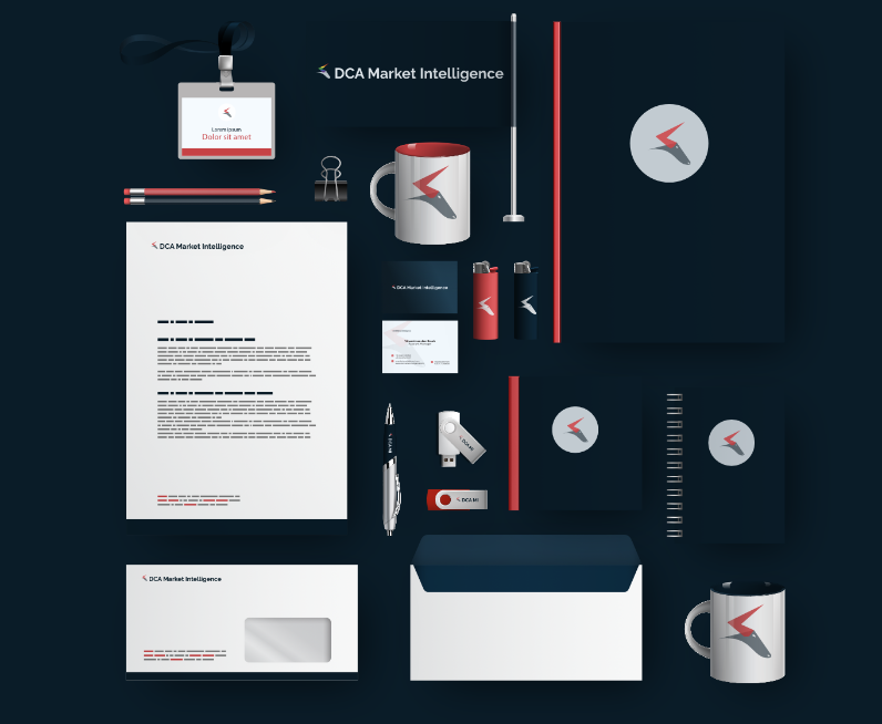 Mockup showing DCA Market Intelligence branding applied to stationery and digital assets