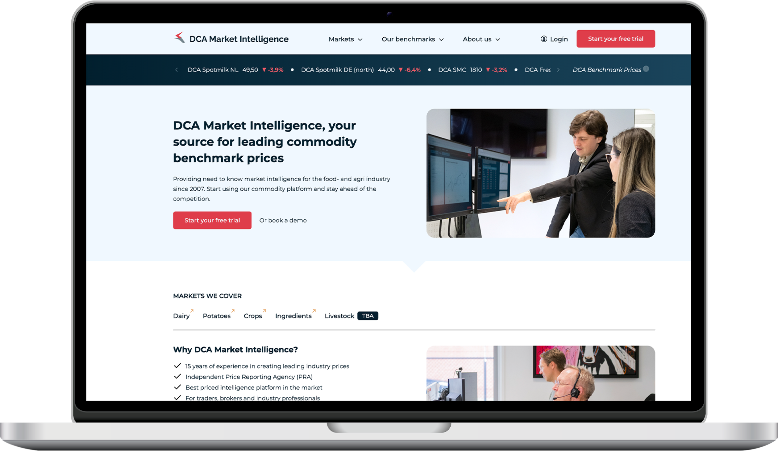 Mockup of the redesigned DCA Market Intelligence website interface, showing desktop view