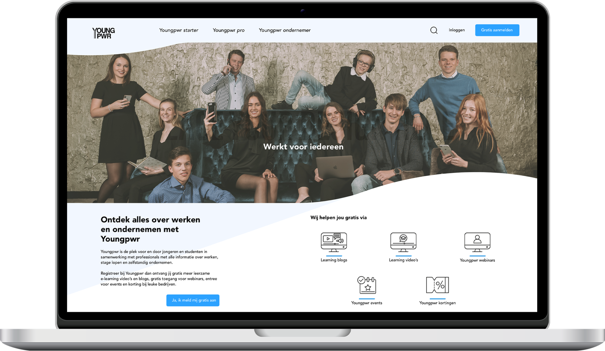 Mockup of the YoungPWR content platform website designed for brand awareness and engagement